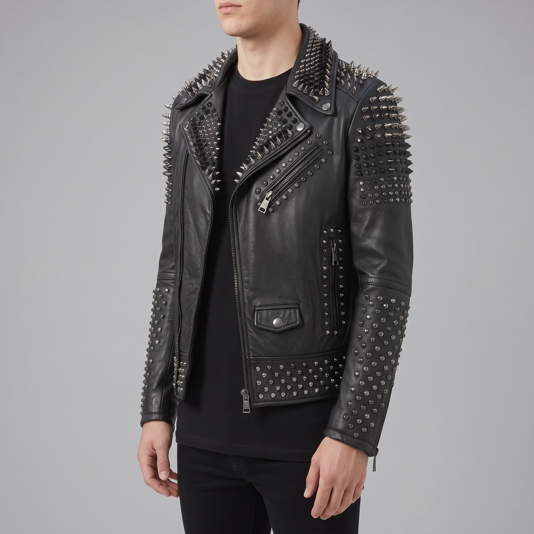 Men's Black Studded Leather Biker Jacket — Lockwood