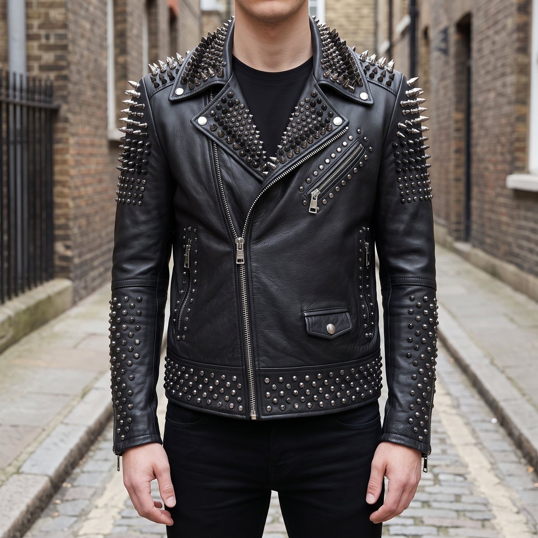 Men's Black Studded Leather Biker Jacket — Lockwood