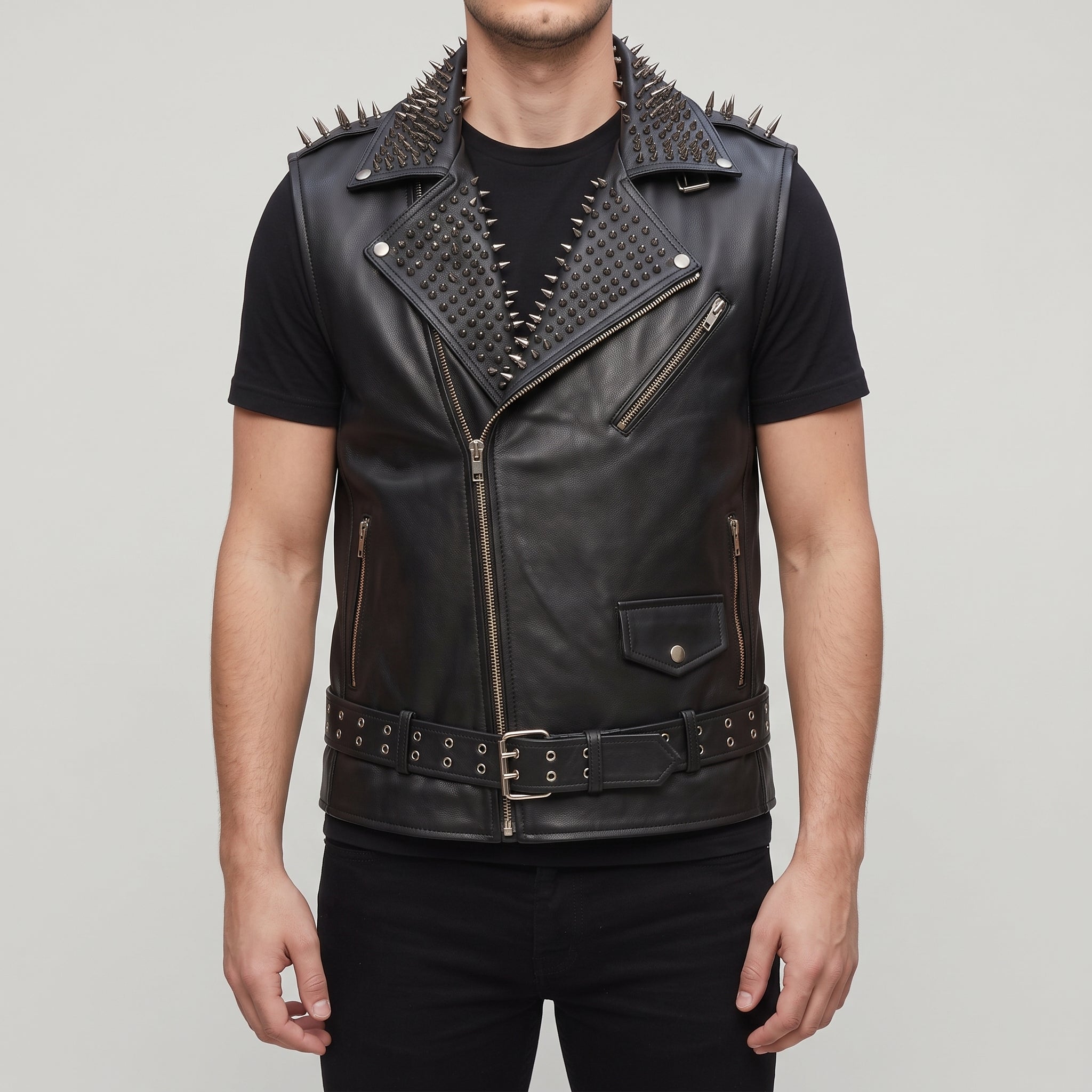 Men's Black Studded Leather Biker Jacket — Tiverton