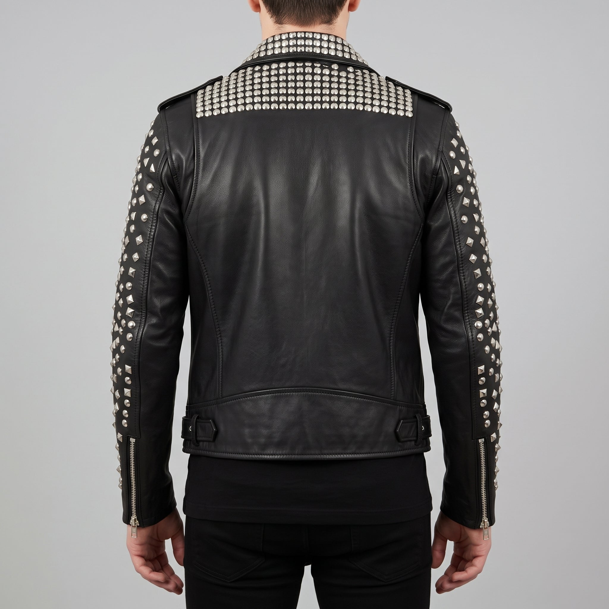 Men's Black Studded Leather Biker Jacket — Tufton
