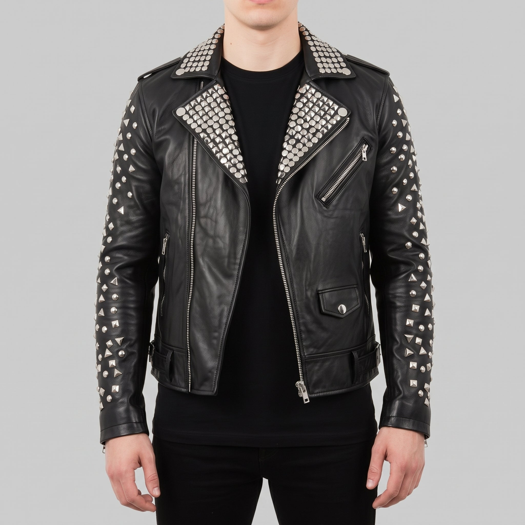 Men's Black Studded Leather Biker Jacket — Tufton