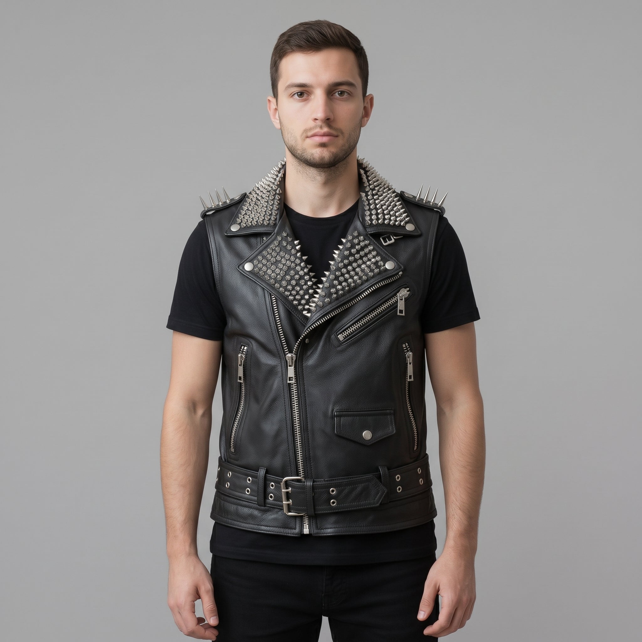 Men's Black Studded Leather Biker Vest — Crichton
