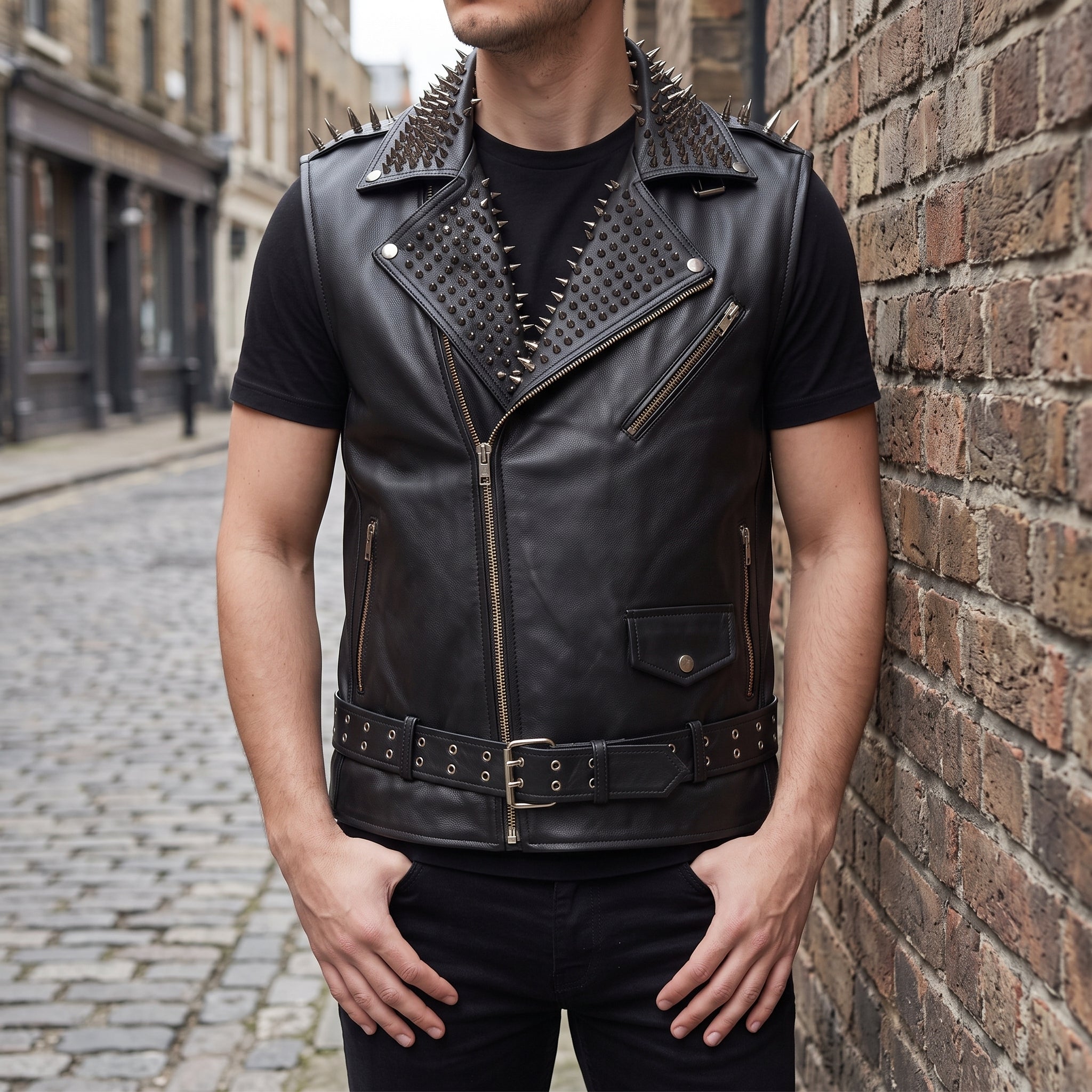 Men's Black Studded Leather Biker Jacket — Tiverton
