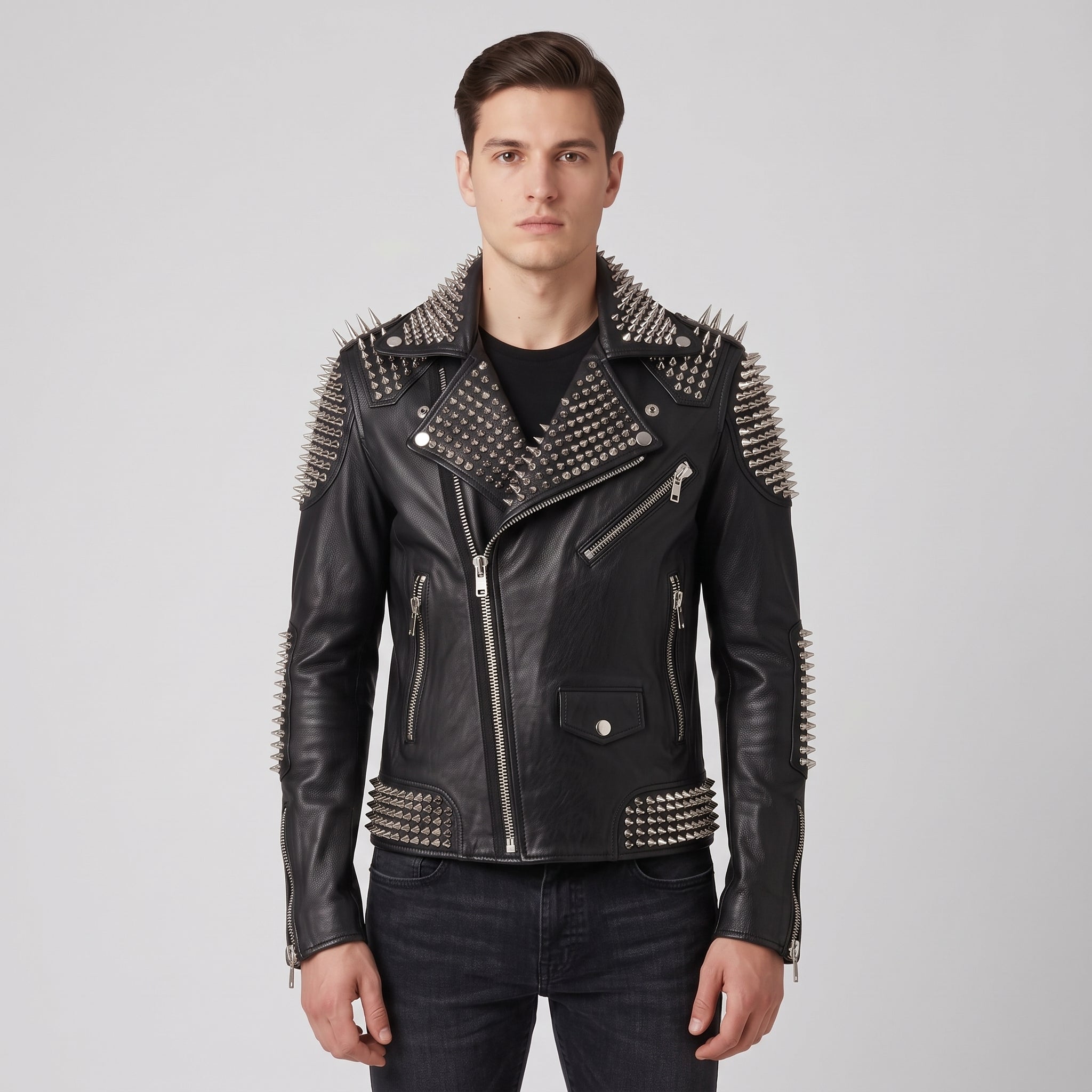 Men's Black Spiked Studded Leather Biker Jacket — Arbury