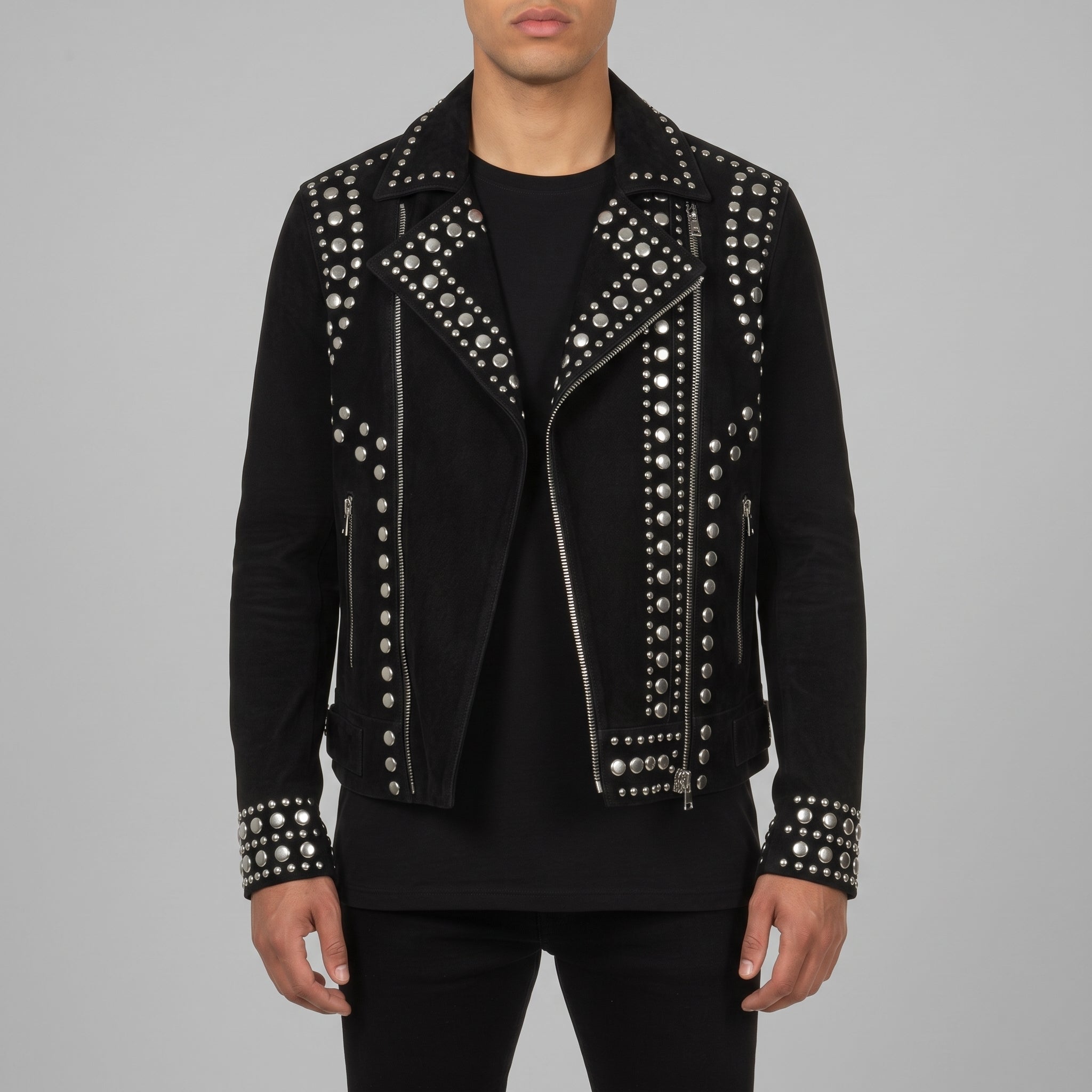Men's Black Studded Suede Biker Jacket — Ainstable