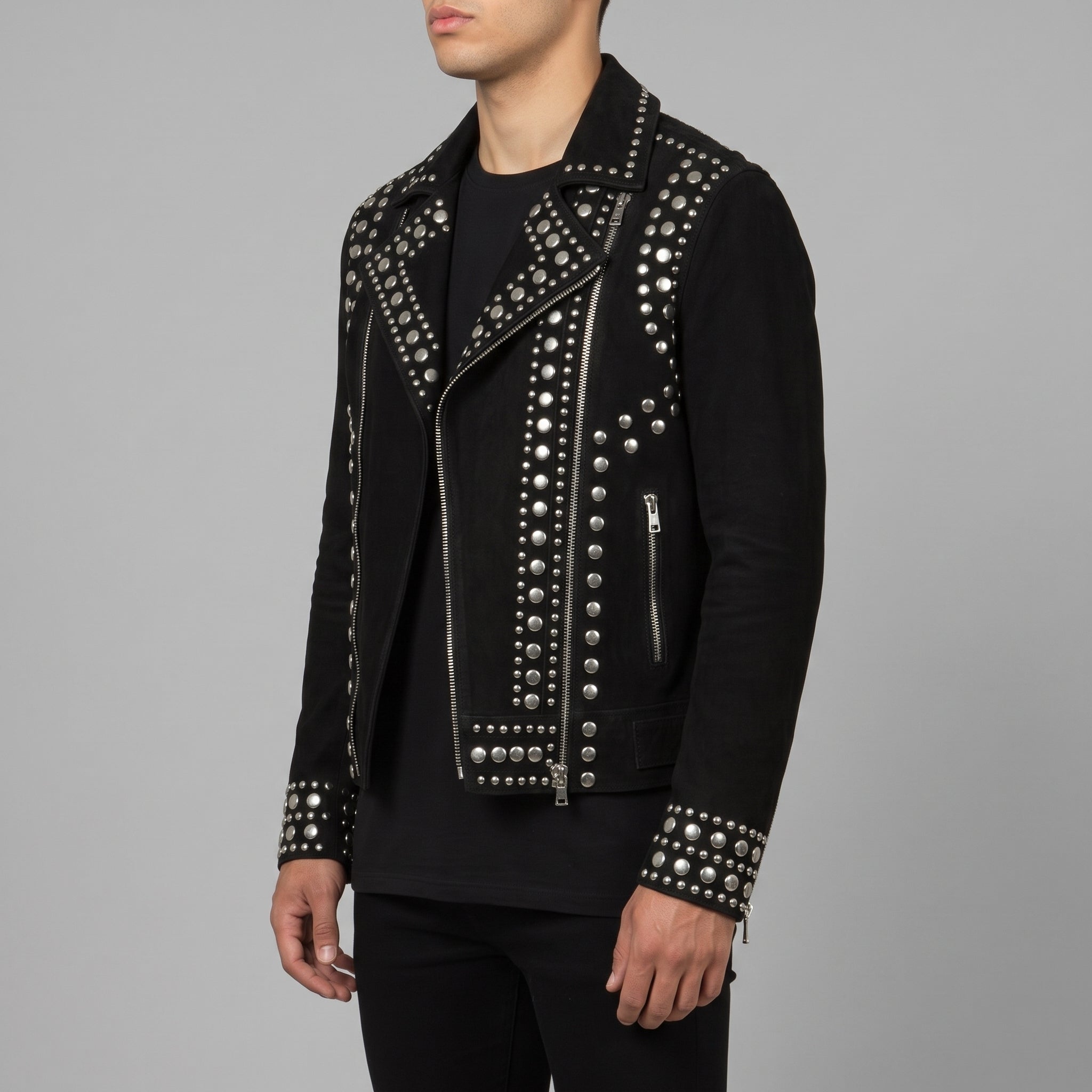 Men's Black Studded Suede Biker Jacket — Ainstable