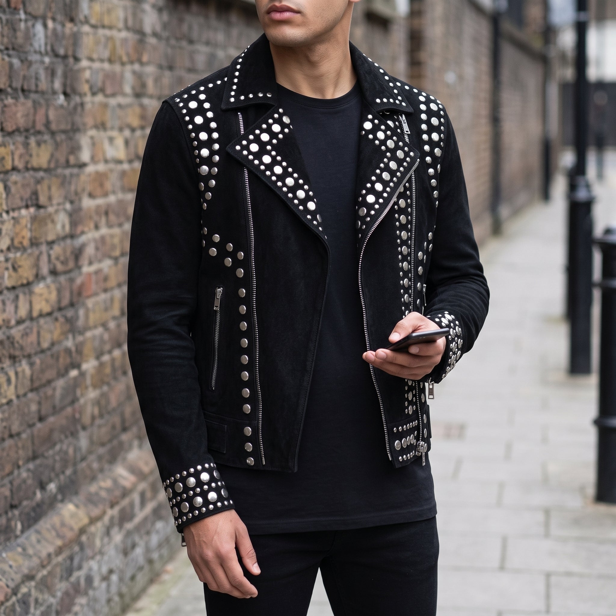 Men's Black Studded Suede Biker Jacket — Ainstable