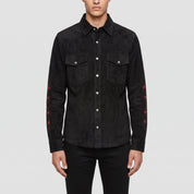Men's Black Barbed Wire-Embroidered Leather Western Shirt — Aldfield