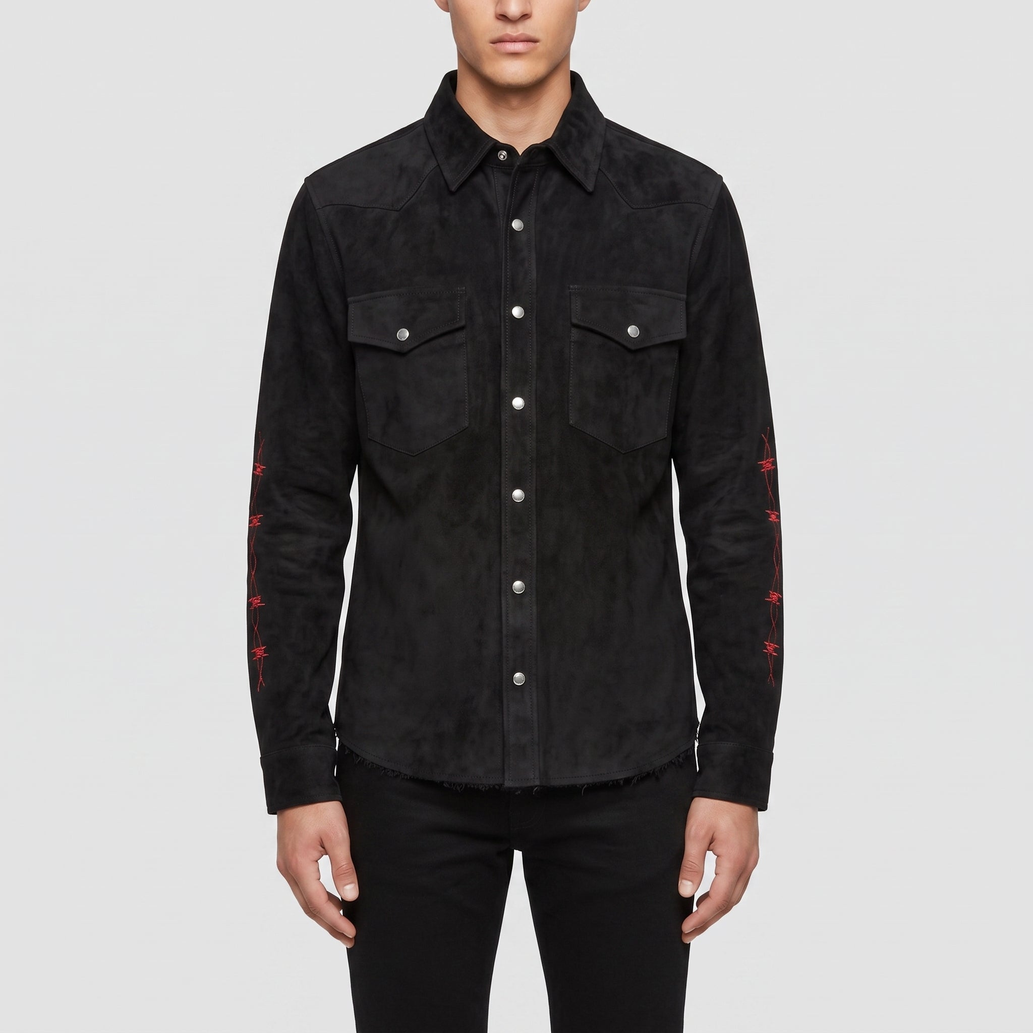 Men's Black Barbed Wire-Embroidered Leather Western Shirt — Aldfield