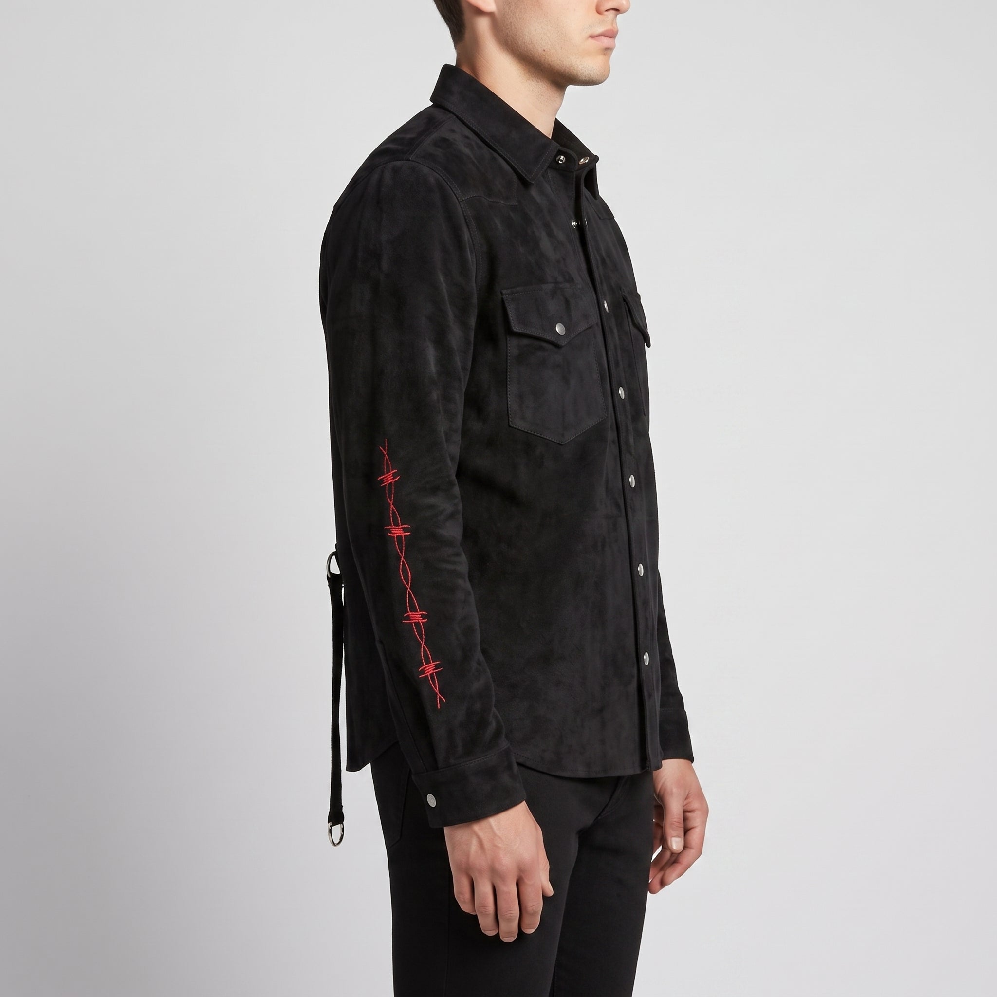 Men's Black Barbed Wire-Embroidered Leather Western Shirt — Aldfield