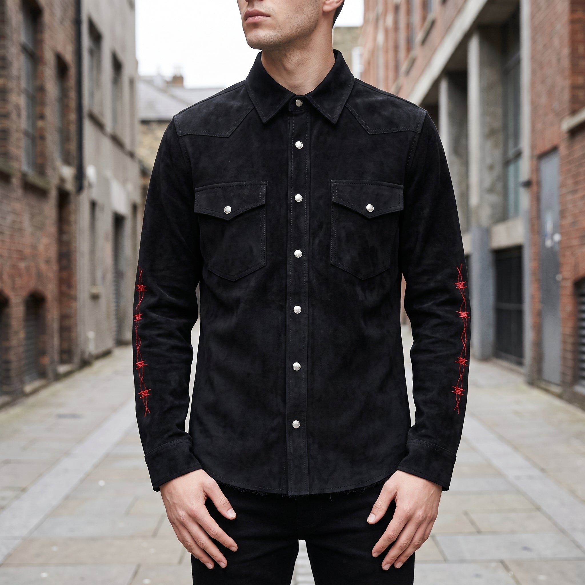 Men's Black Barbed Wire-Embroidered Leather Western Shirt — Aldfield