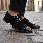 Men's Black Cap-Toe Canvas Double Monk Strap Monks — Lowell