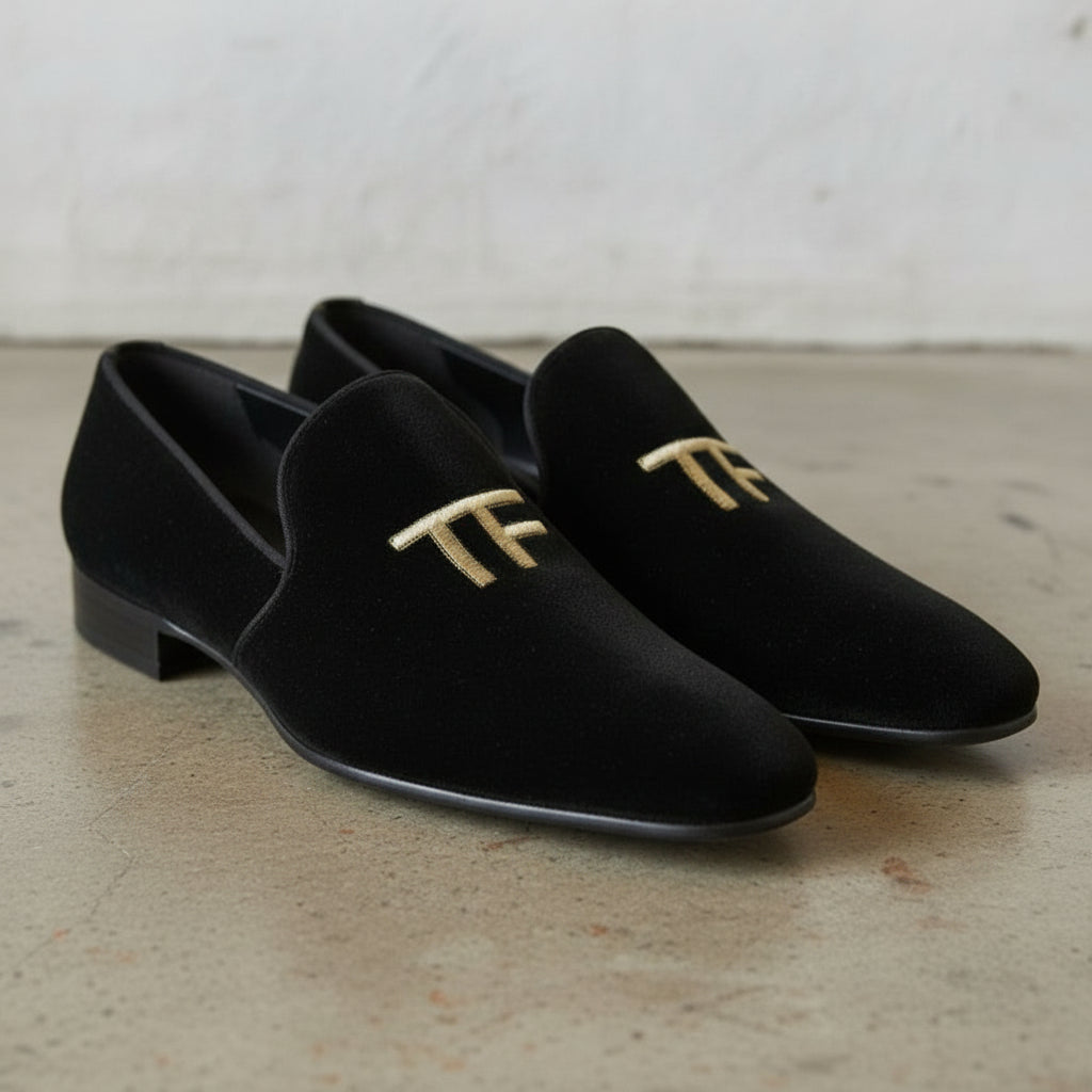 Men's Black Embroidered Velvet Loafers — Stratford