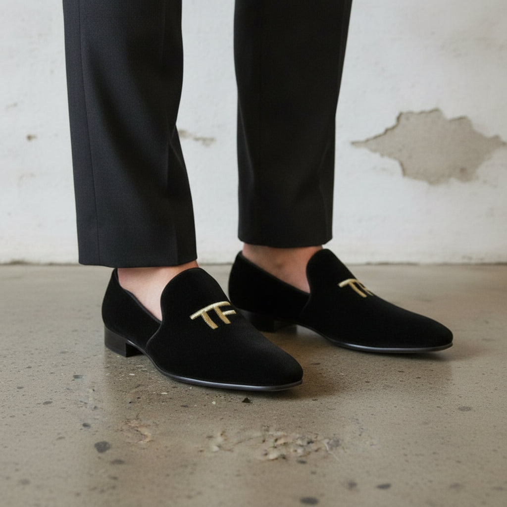 Men's Black Embroidered Velvet Loafers — Stratford