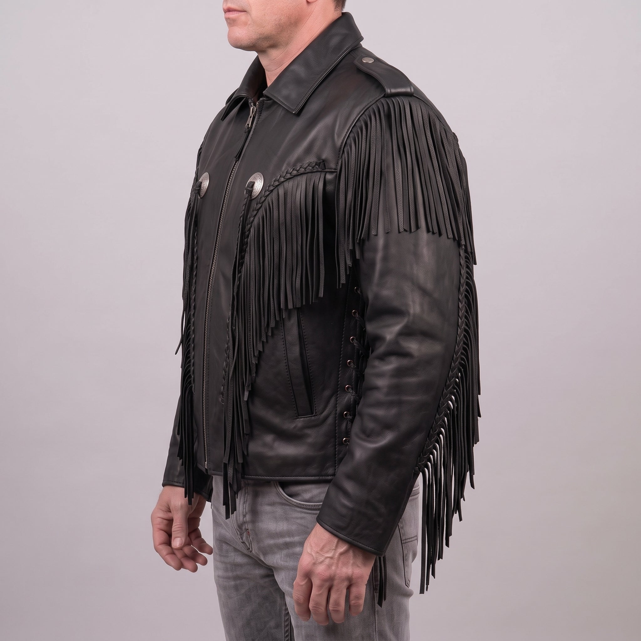 Men's Black Western Fringe Leather Biker Jacket — Gloucester