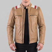 Men's Tan, White, and Red Leather Biker Jacket — Lovelace