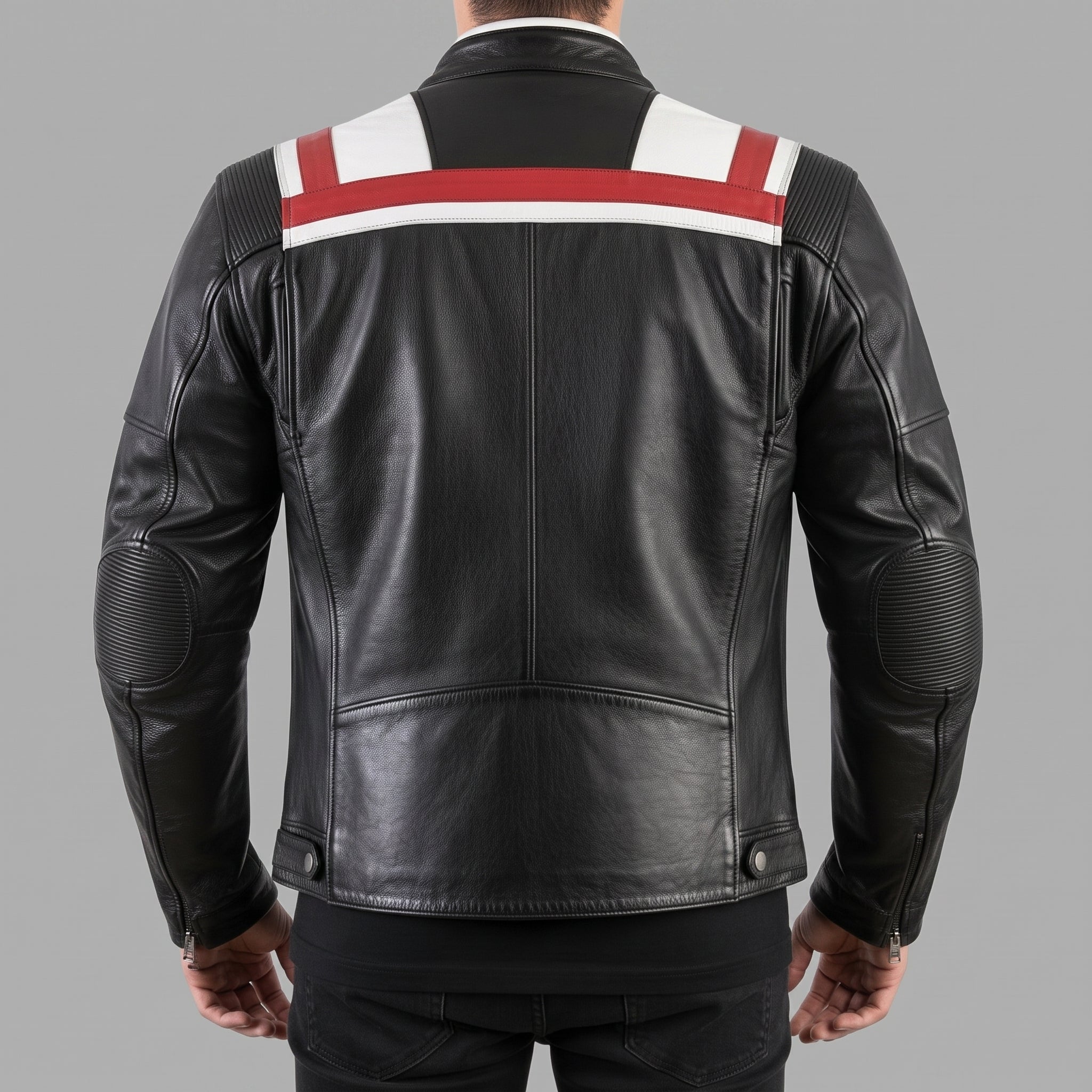 Men's Black, White, and Red Two-Tone Leather Biker Jacket — Lovelace