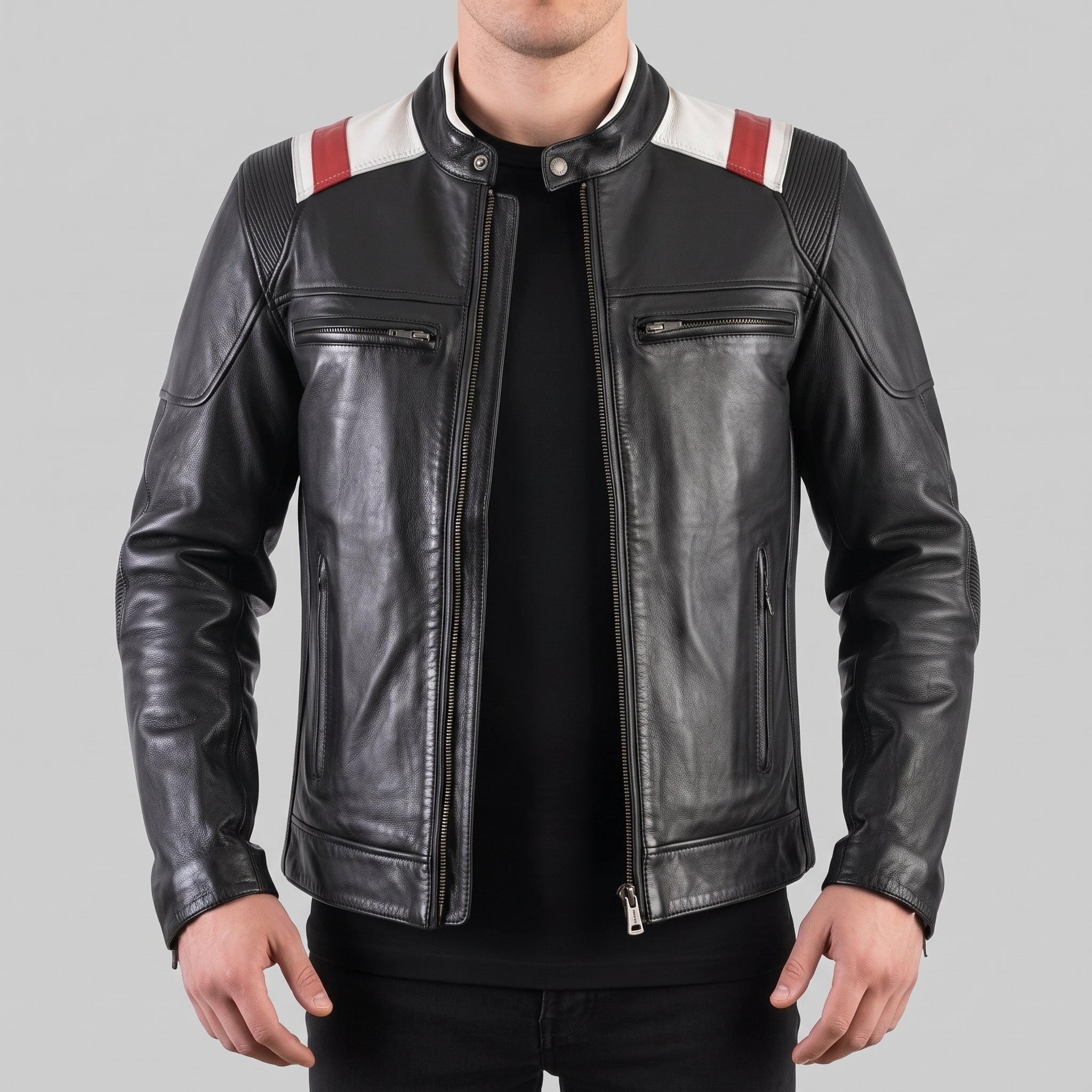 Men's Black, White, and Red Two-Tone Leather Biker Jacket — Lovelace
