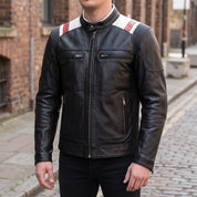 Men's Black, White, and Red Two-Tone Leather Biker Jacket — Lovelace