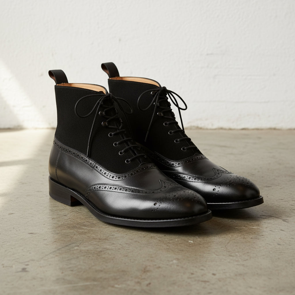 Men's Black Wing Tip Brogue Lace Up Leather Boots, Ankle High Boots - angle-view-showing-depth