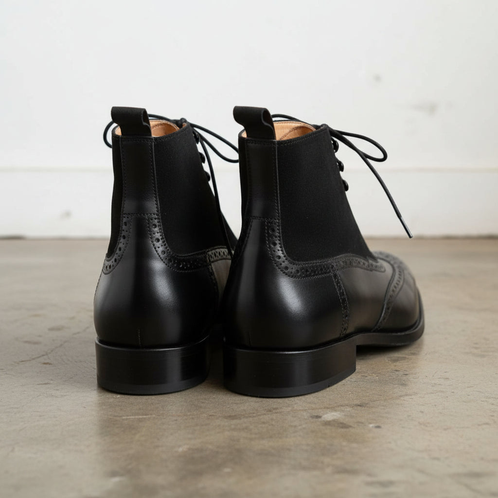 Men's Black Wing Tip Brogue Lace Up Leather Boots, Ankle High Boots - back-view