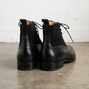 Men's Black Wing Tip Brogue Lace Up Leather Boots, Ankle High Boots - back-view