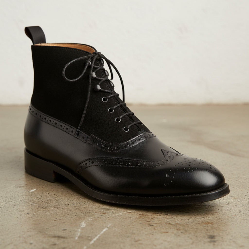 Men's Black Wing Tip Brogue Lace Up Leather Boots, Ankle High Boots - detail-view-showing-texture