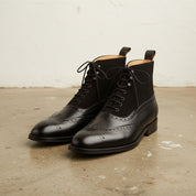 Men's Black Wing Tip Brogue Lace Up Leather Boots, Ankle High Boots - front-view