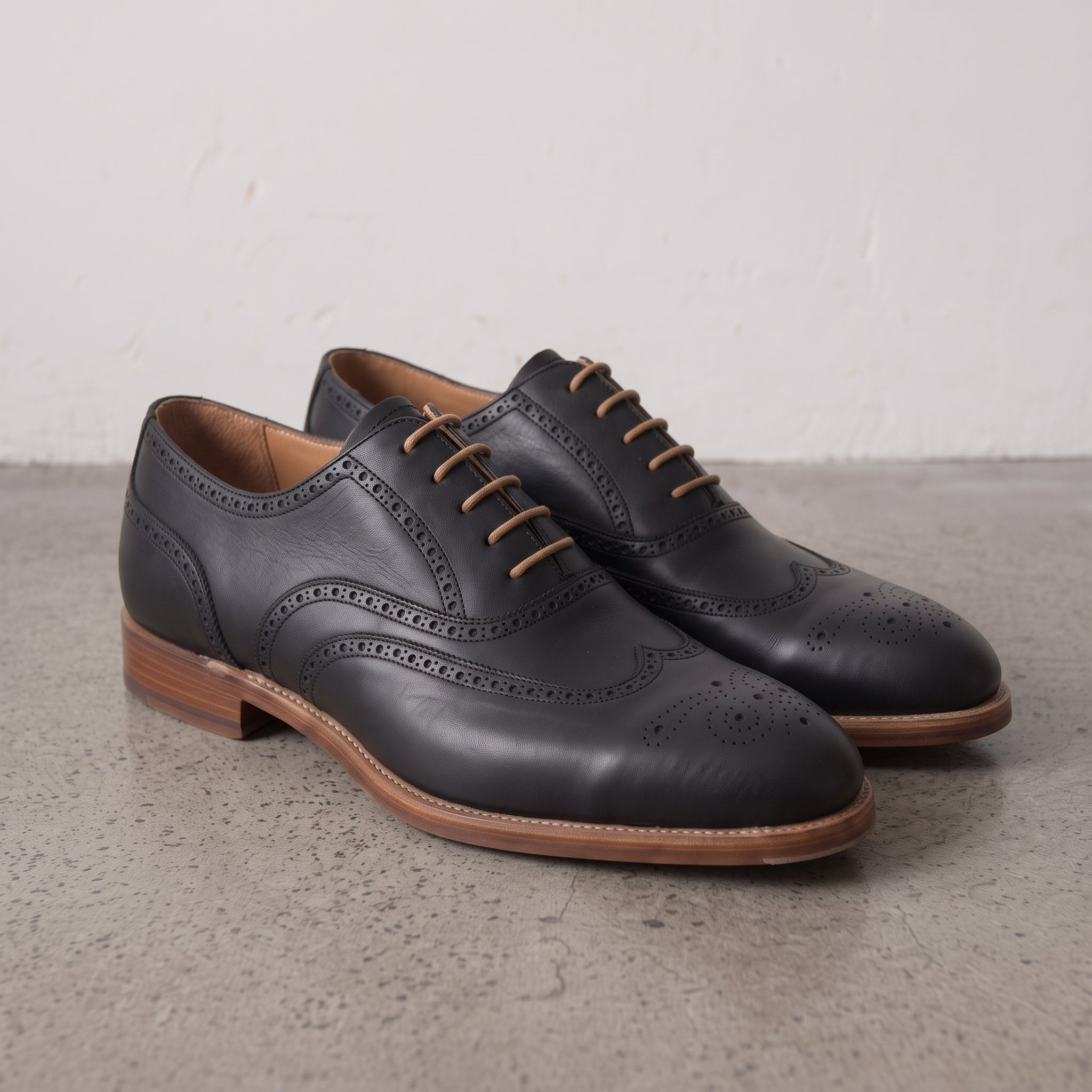 Men's Black Wingtip Leather Brogue Oxfords — Chard