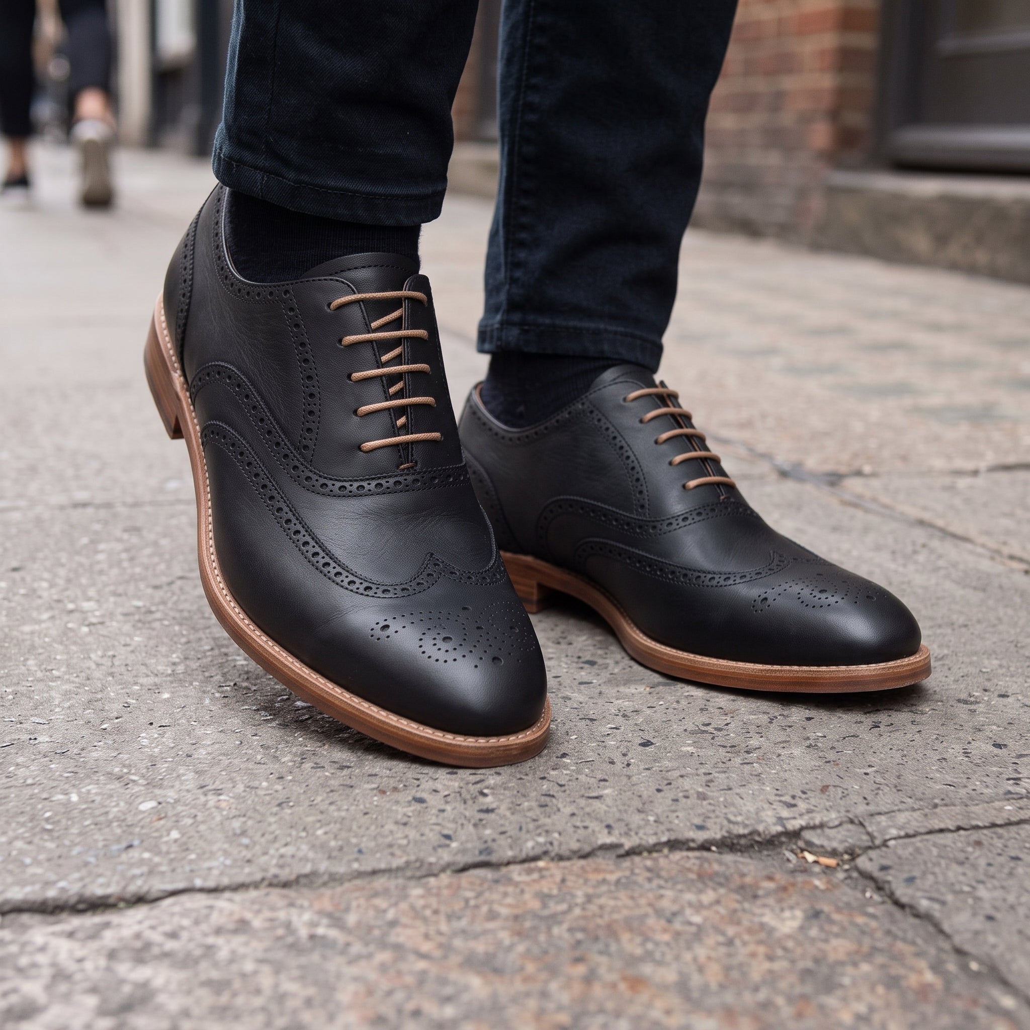 Men's Black Wingtip Leather Brogue Oxfords — Chard