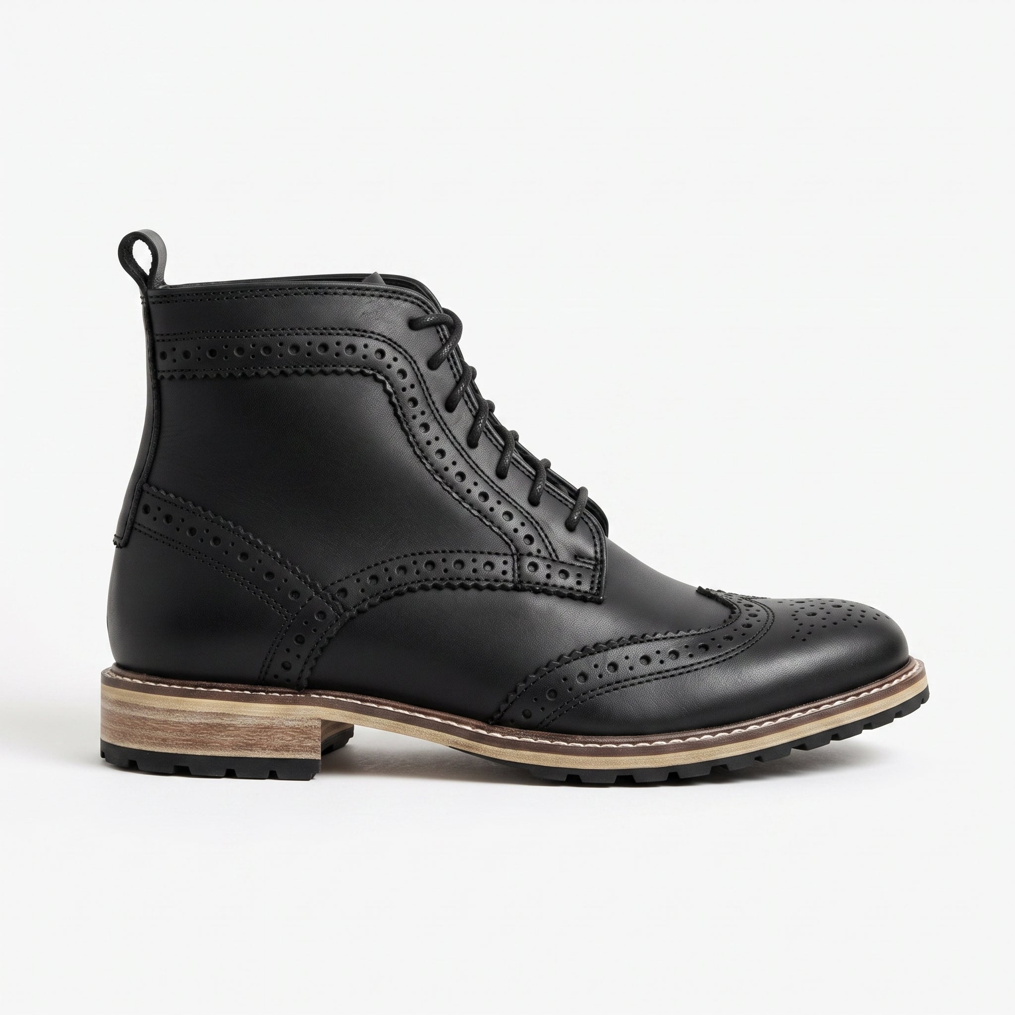 Men's Black Wingtip Leather Derby Boots — Kemsley