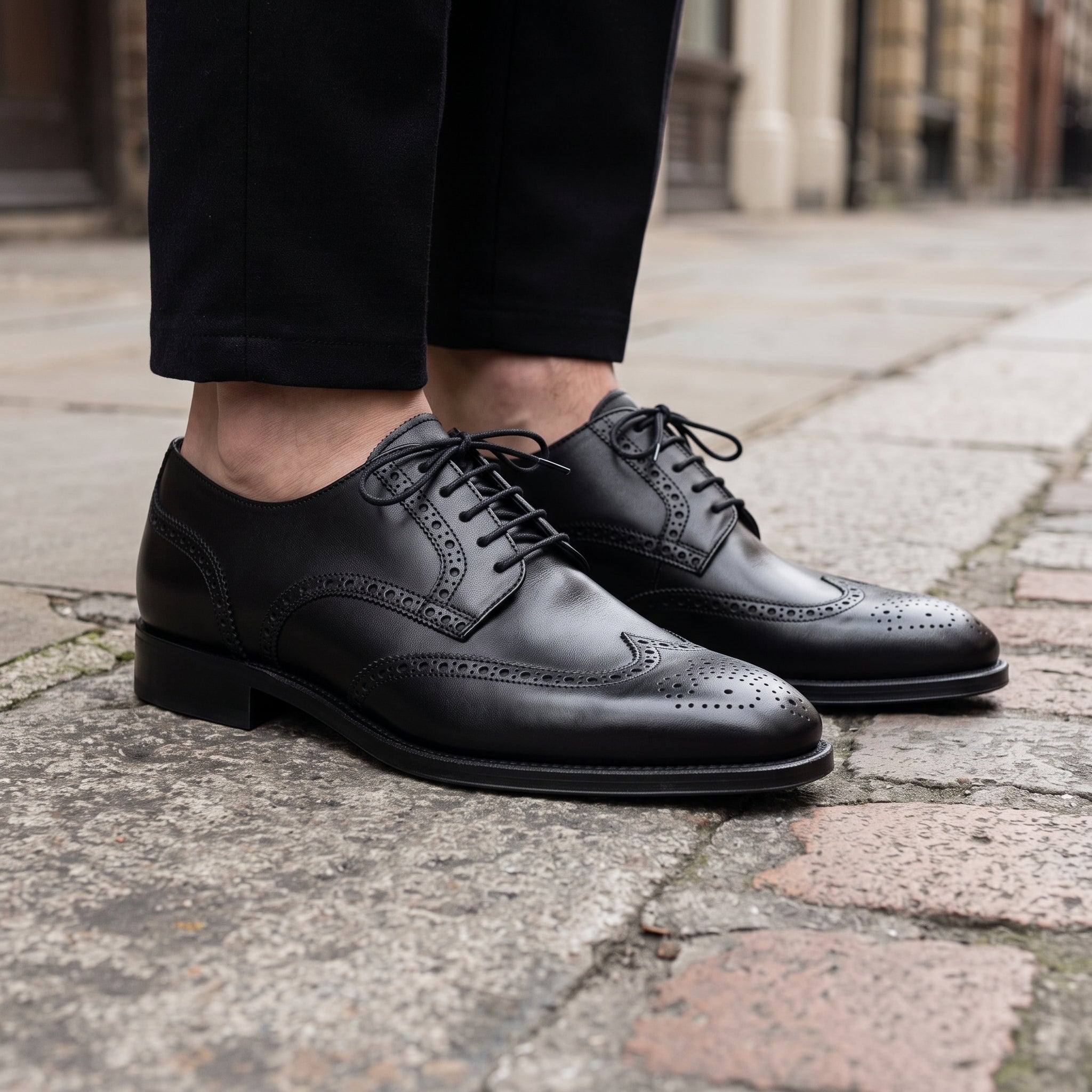 Men's Black Wingtip Pebbled Leather Derby Brogues — Baines