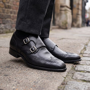 Men's Black Wingtip Leather Double Monk Strap Shoes — Wilton