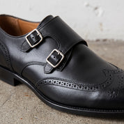 Men's Black Wingtip Leather Double Monk Strap Shoes — Wilton