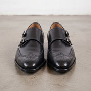 Men's Black Wingtip Leather Double Monk Strap Shoes — Wilton