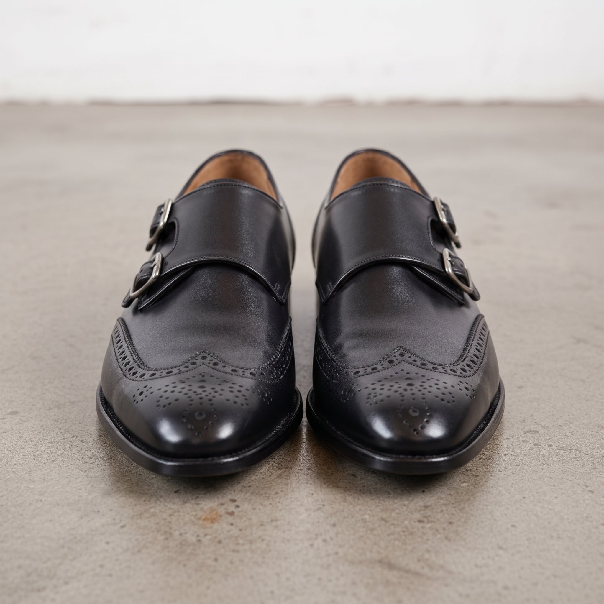 Men's Black Wingtip Leather Double Monk Strap Shoes — Wilton