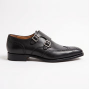 Men's Black Wingtip Leather Double Monk Strap Shoes — Wilton