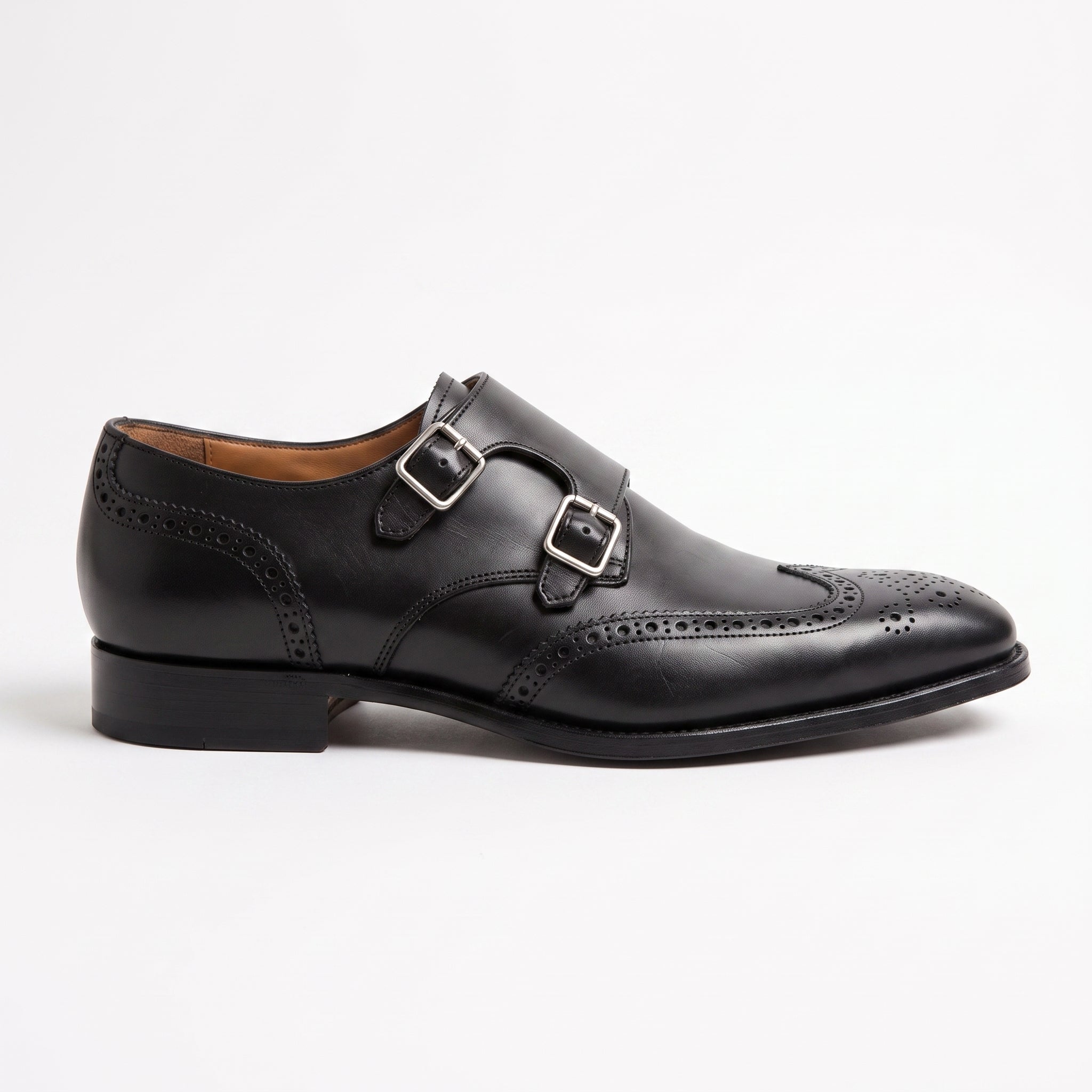 Men's Black Wingtip Leather Double Monk Strap Shoes — Wilton