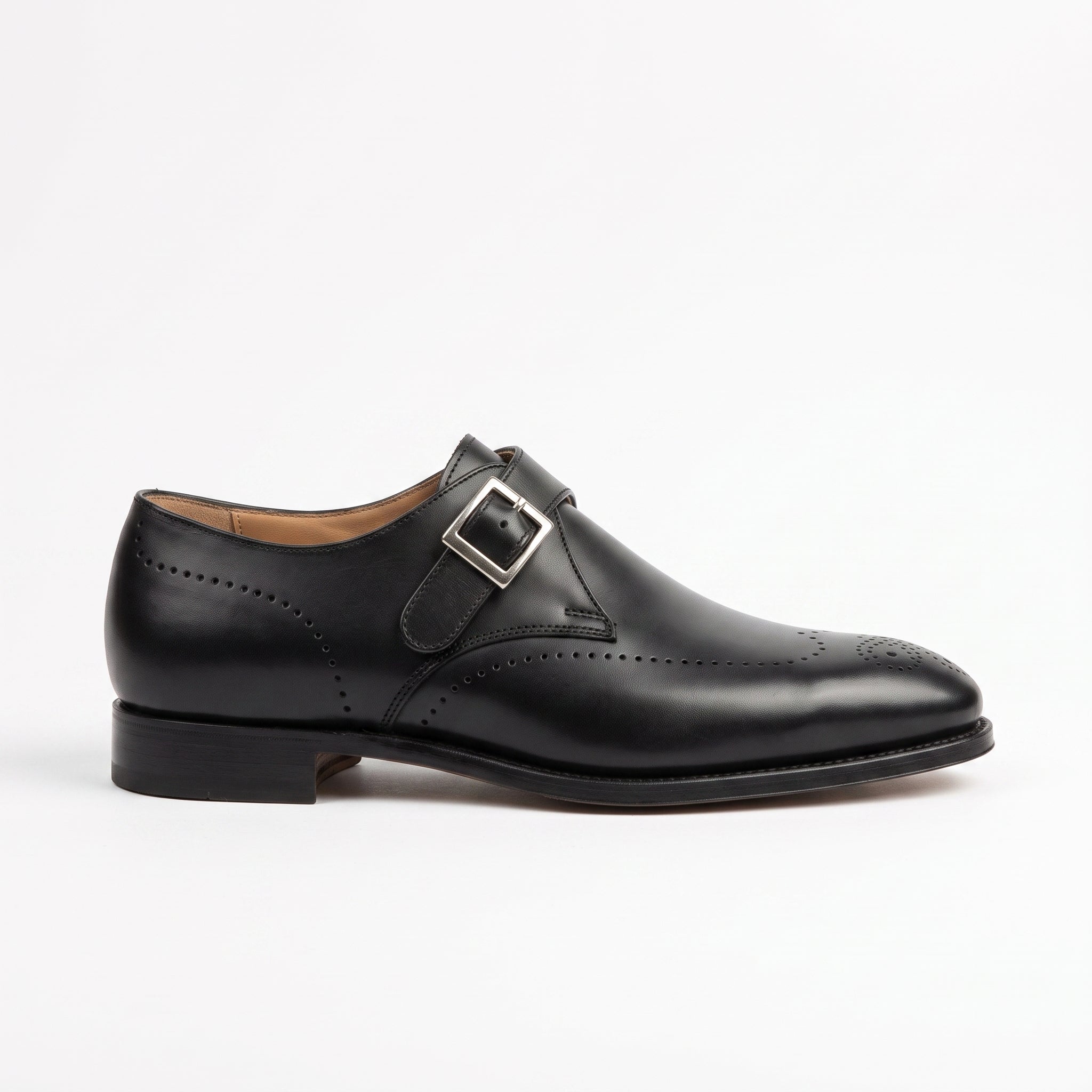 Men's Black Plain-Toe Leather Monk Strap Shoes — Cullis