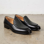 Men's Black Woven-Embossed Leather Loafers — Kesgrave