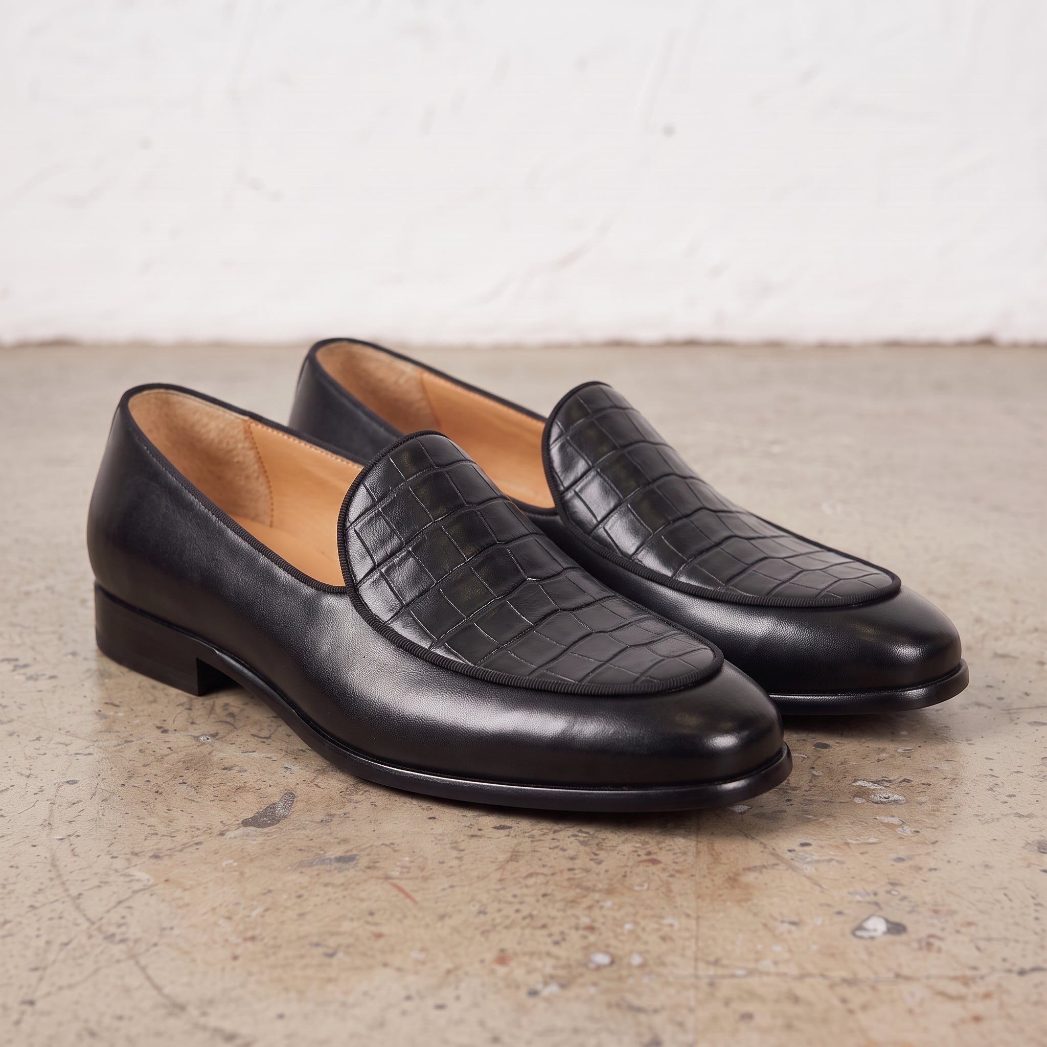 Men's Black Woven-Embossed Leather Loafers — Kesgrave