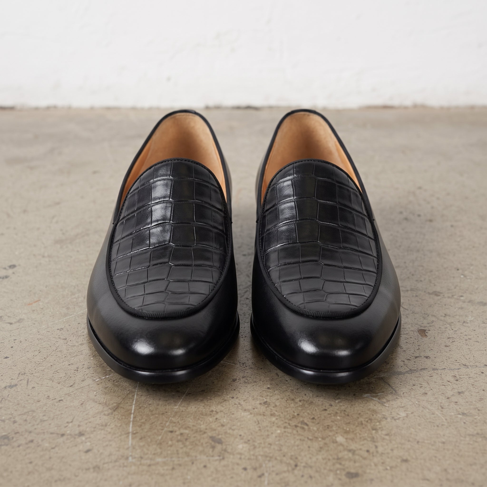 Men's Black Woven-Embossed Leather Loafers — Kesgrave