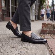 Men's Black Woven-Embossed Leather Loafers — Kesgrave