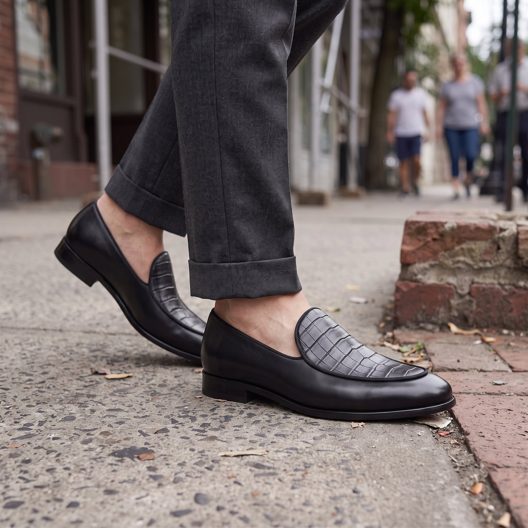 Men's Black Woven-Embossed Leather Loafers — Kesgrave