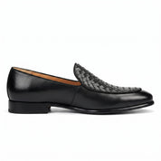 Men's Black Woven-Embossed Leather Loafers — Kesgrave