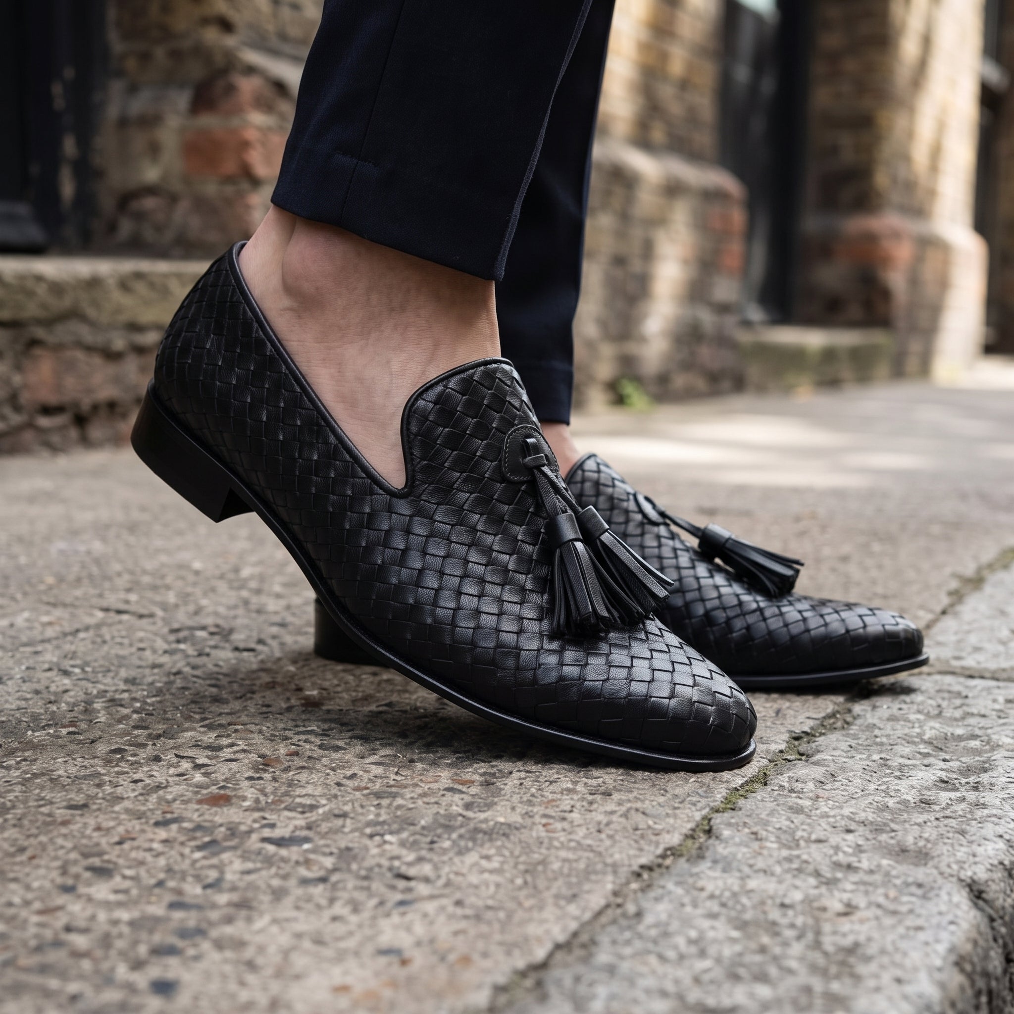 Men's Black Knitted Leather Tassel Loafers — Driscoll
