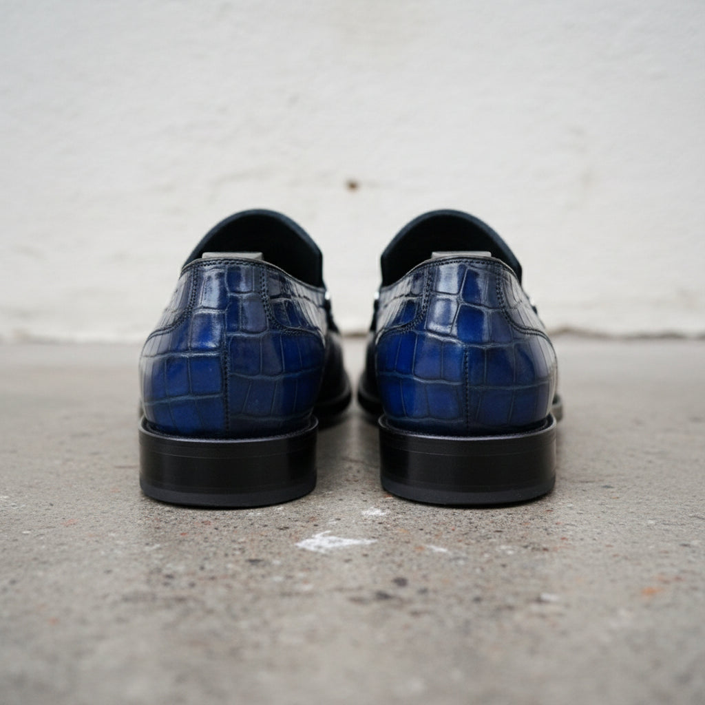 Mens blue Alligators shoes, crocodile embossed Leather moccasins