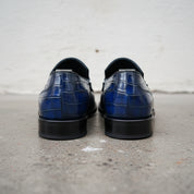 Mens blue Alligators shoes, crocodile embossed Leather moccasins