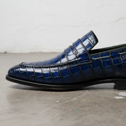 Mens blue Alligators shoes, crocodile embossed Leather moccasins