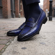 Men's Blue and Black Cap-Toe Alligator-Embossed Leather Penny Loafers — Edwin